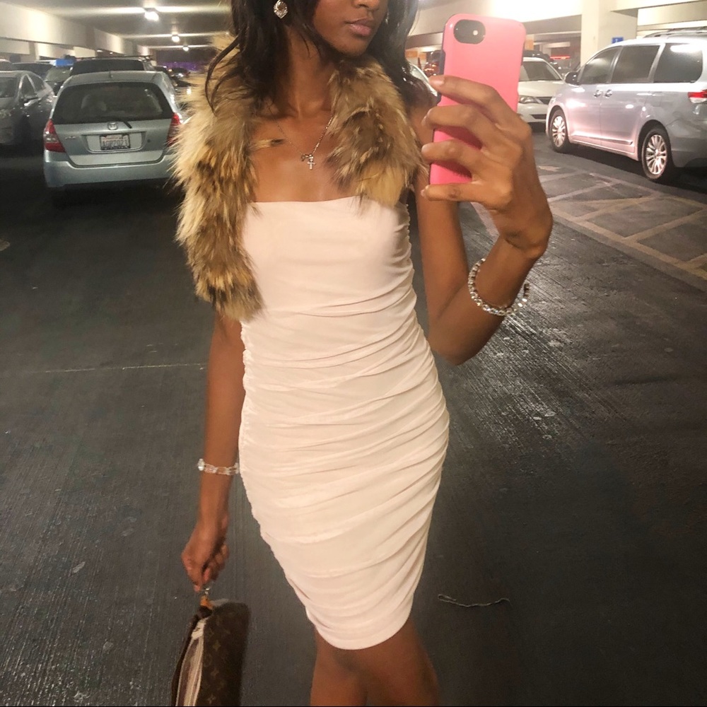 Nude ruched mini/midi dress